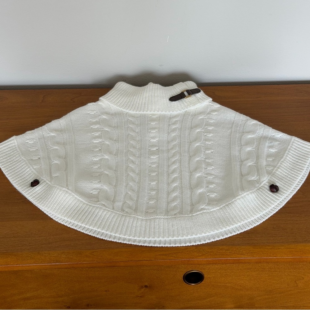 Janie and Jack Ivory Cable-Knit Turtleneck Poncho Cape with Button Accents - Picture 3 of 16